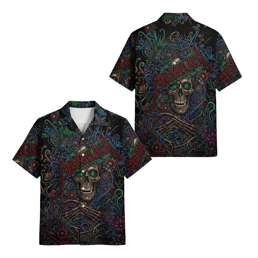 Metallica Skull Hawaiian Shirt Dark Floral Print - Fadebrick.com