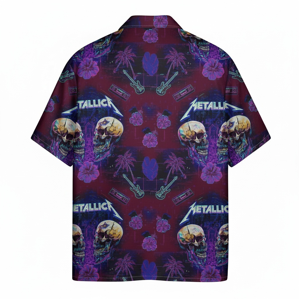 Metallica Skull Hawaiian Shirt Purple Men's Tropical Party Back - Fadebrick.com
