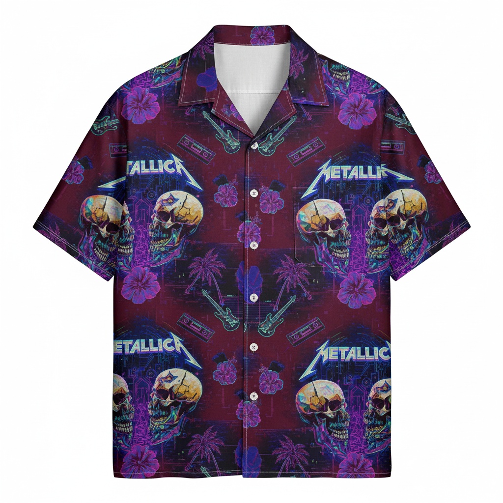 Metallica Skull Hawaiian Shirt Purple Men's Tropical Party Front - Fadebrick.com