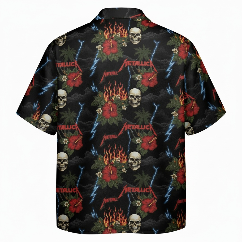 Metallica Skull Hibiscus Black Hawaiian Shirt Back - Fadebrick.com