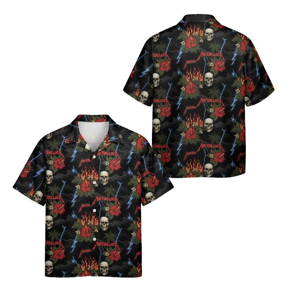 Metallica Skull Hibiscus Black Hawaiian Shirt Front Back - Fadebrick.com