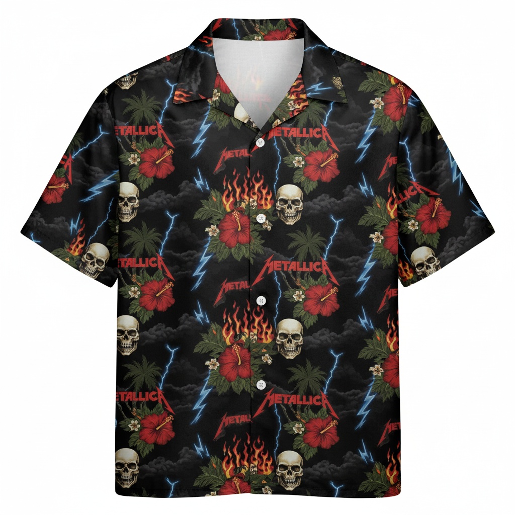 Metallica Skull Hibiscus Black Hawaiian Shirt Front - Fadebrick.com