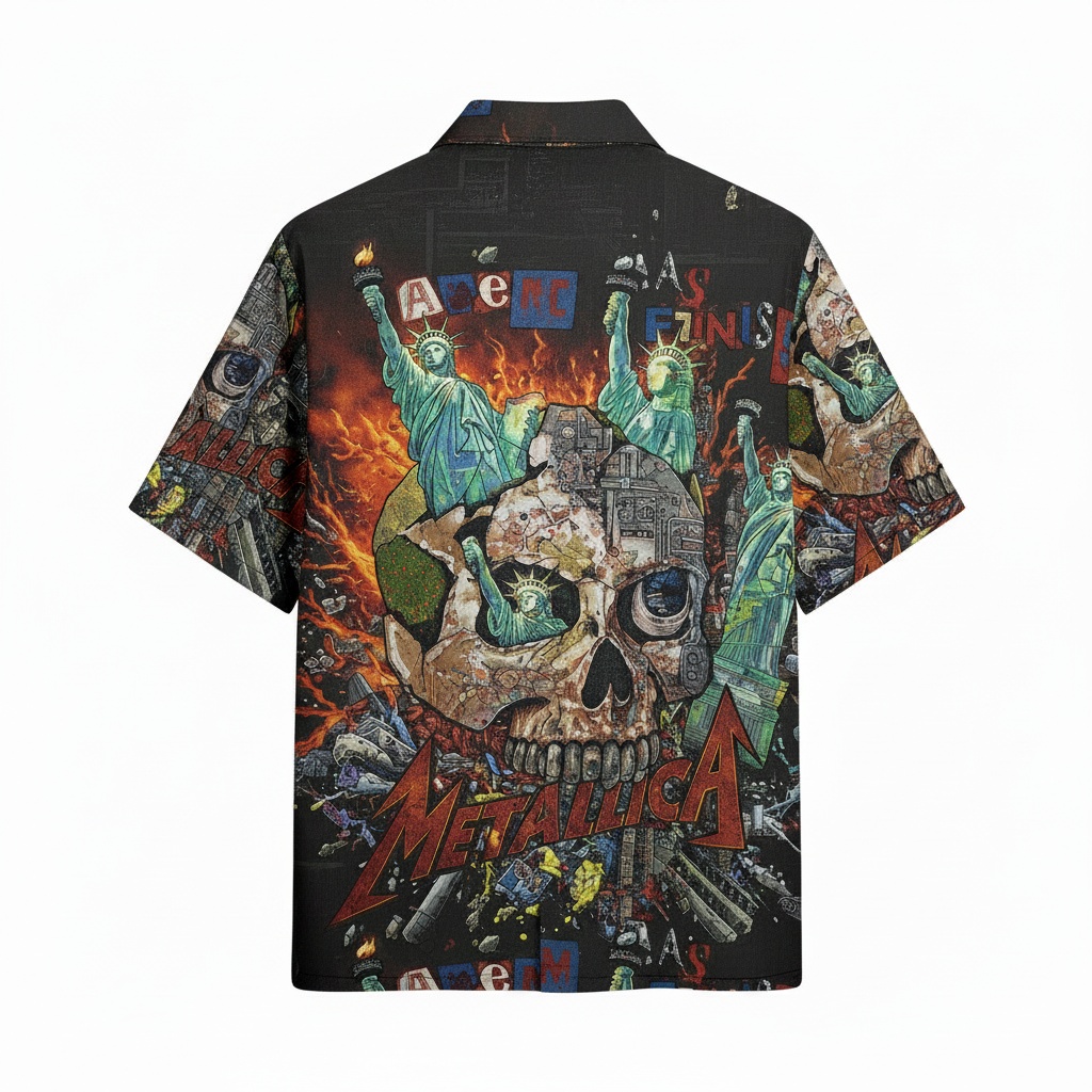 Metallica Skull Liberty Fire Hawaiian Shirt Rock Band Back - Fadebrick.com