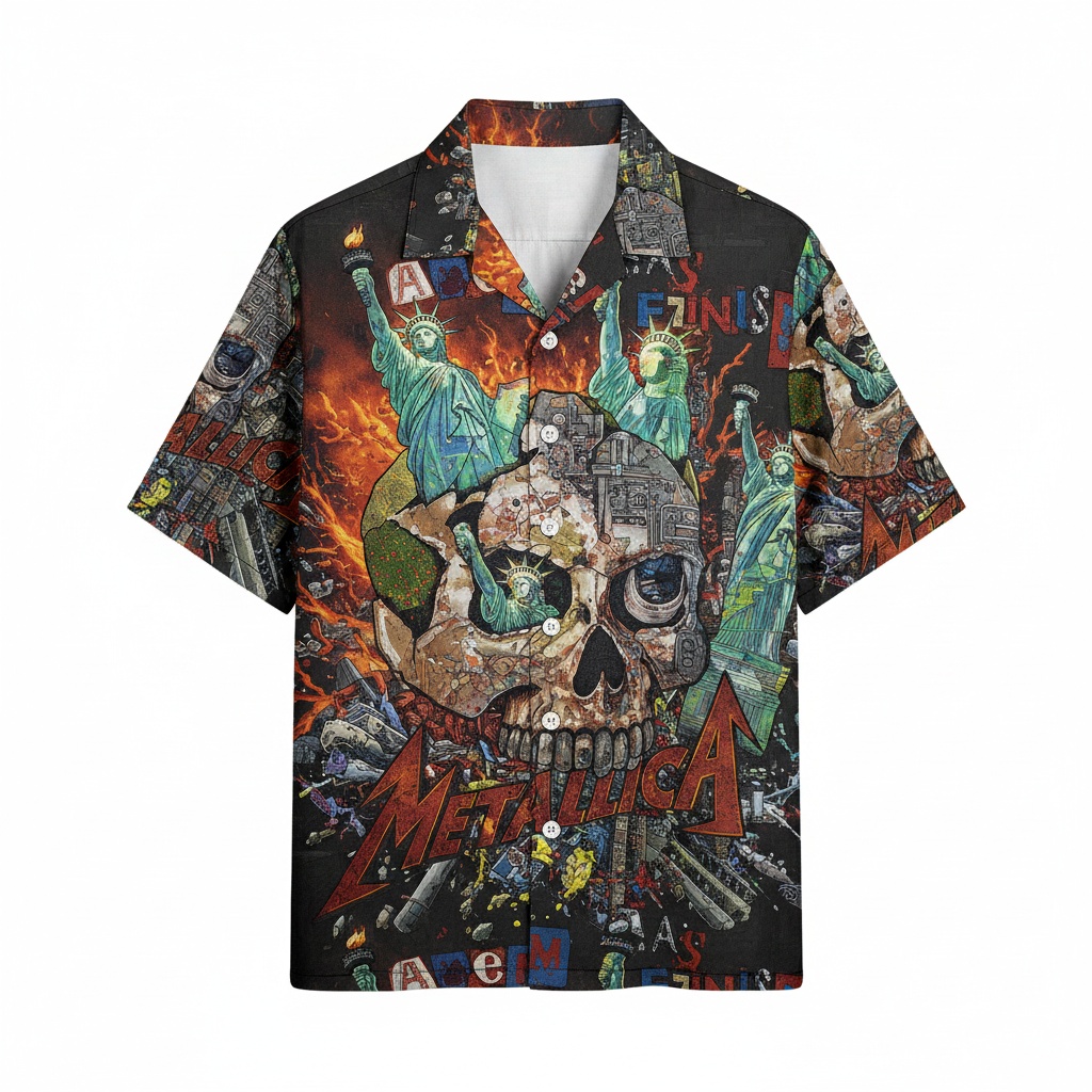 Metallica Skull Liberty Fire Hawaiian Shirt Rock Band Front - Fadebrick.com
