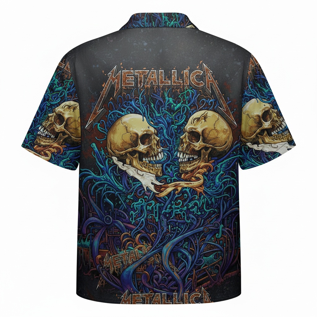 Metallica Skull Print Hawaiian Shirt Black Blue Men's Back - Fadebrick.com