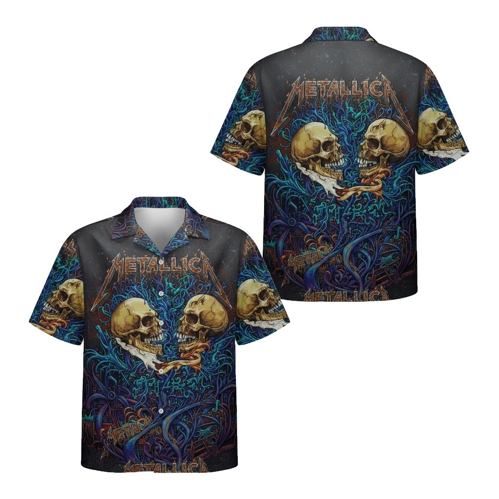Metallica Skull Print Hawaiian Shirt Black Blue Men's Front Back - Fadebrick.com