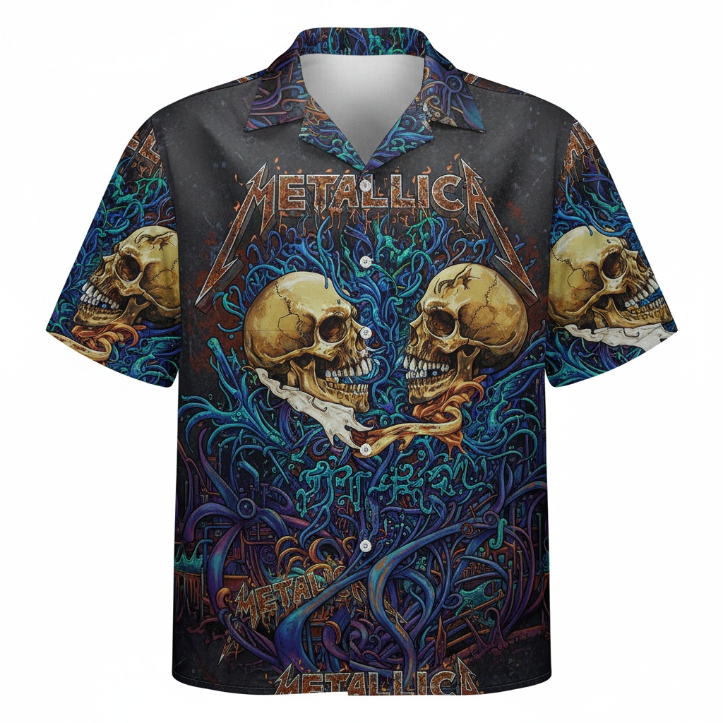 Metallica Skull Print Hawaiian Shirt Black Blue Men's Front - Fadebrick.com