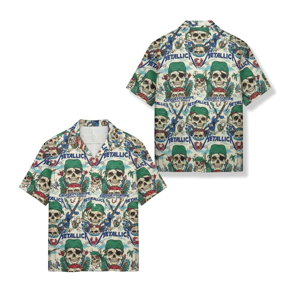 Metallica Skull Print Hawaiian Shirt Tropical Rumble Style Front Back - Fadebrick.com