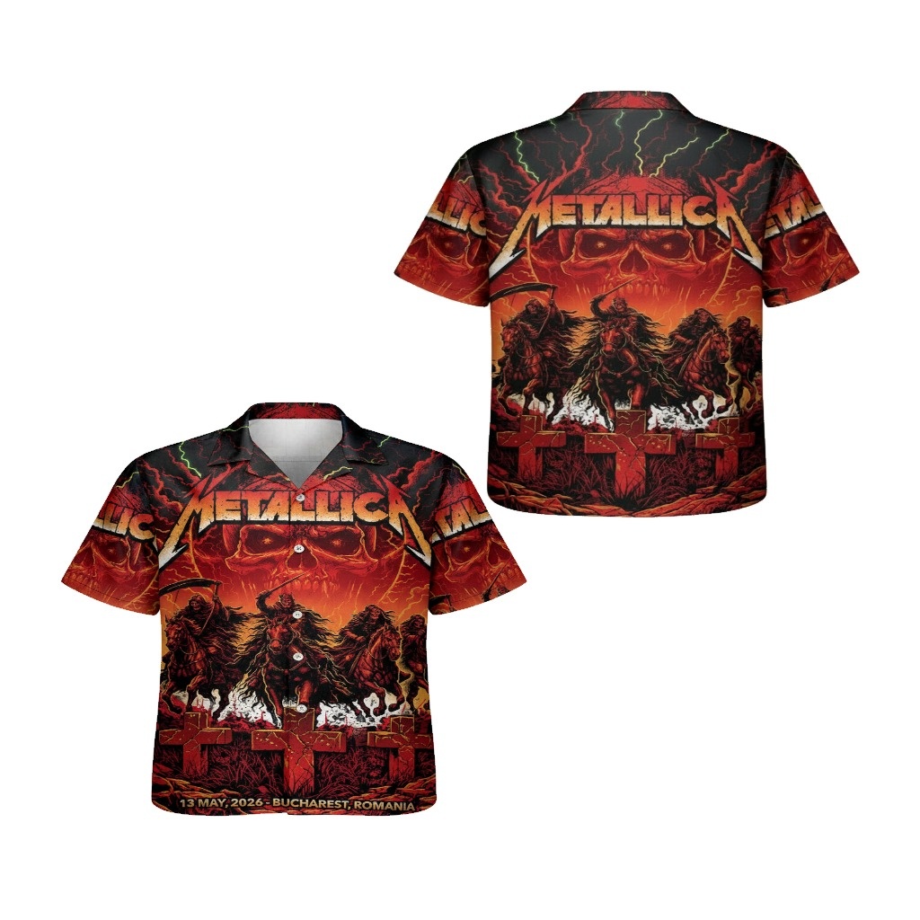 Metallica Skull Riders Hawaiian Shirt Red Black Concert Front Back - Fadebrick.com