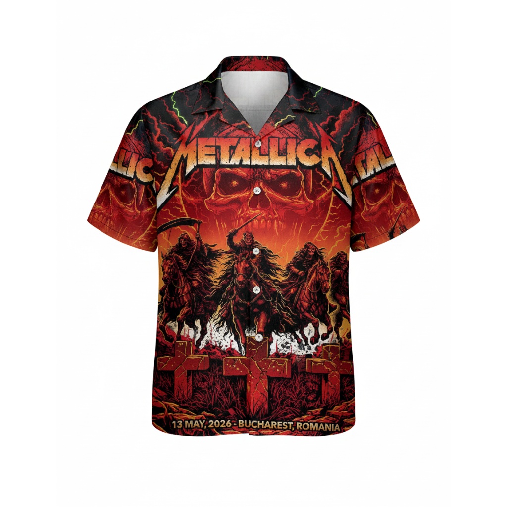 Metallica Skull Riders Hawaiian Shirt Red Black Concert Front - Fadebrick.com