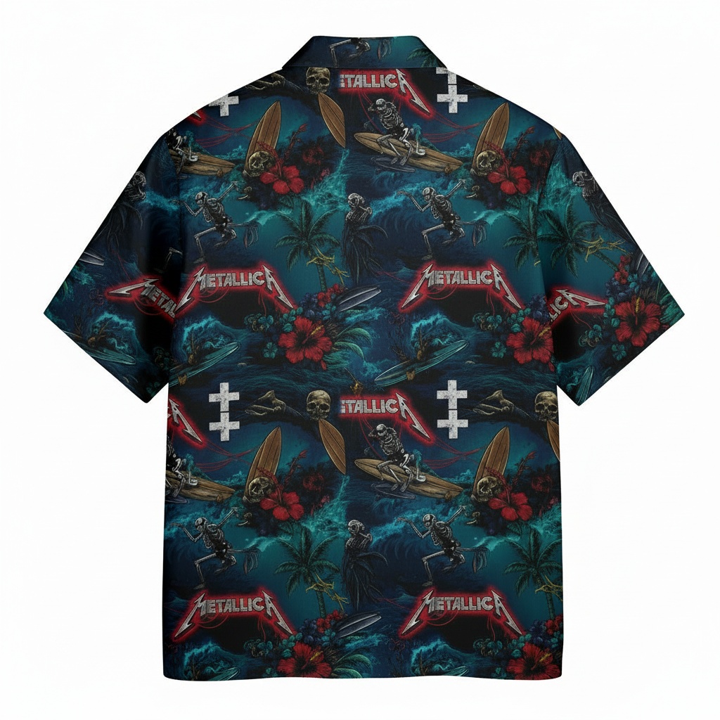 Metallica Skull Surf Hawaiian Shirt Dark Teal Back - Fadebrick.com
