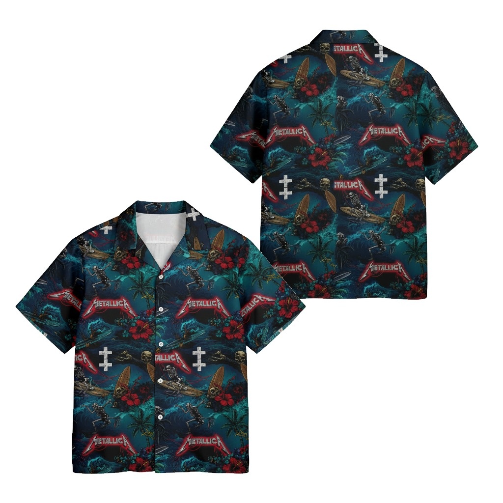 Metallica Skull Surf Hawaiian Shirt Dark Teal Front Back - Fadebrick.com