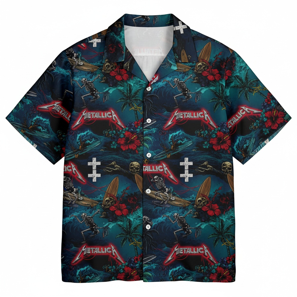 Metallica Skull Surf Hawaiian Shirt Dark Teal Front - Fadebrick.com