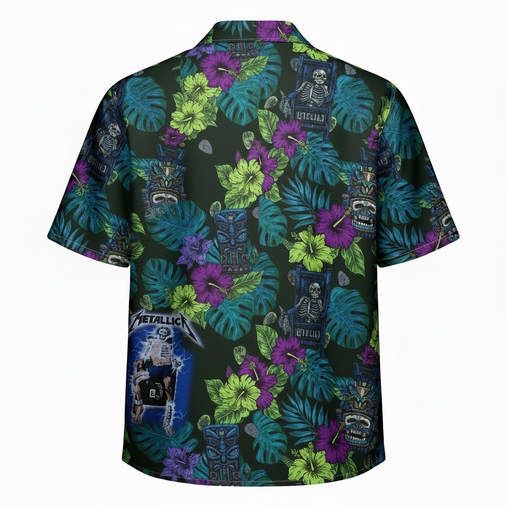 Metallica Skull Tropical Hawaiian Shirt Dark Green Back - Fadebrick.com