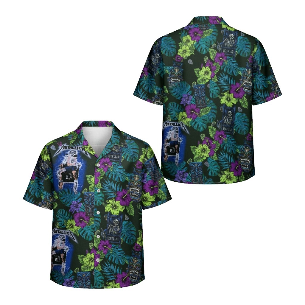 Metallica Skull Tropical Hawaiian Shirt Dark Green Front Back - Fadebrick.com