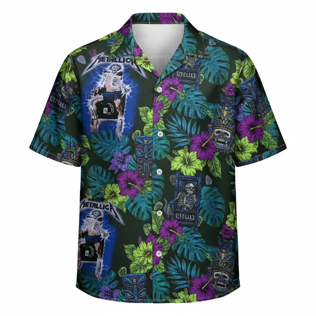 Metallica Skull Tropical Hawaiian Shirt Dark Green Front - Fadebrick.com