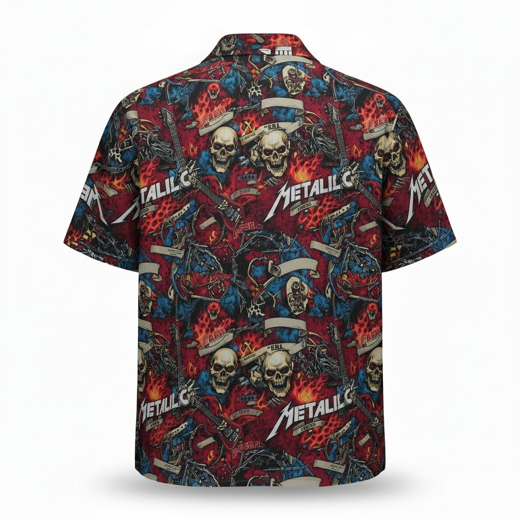 Metallica Skulls And Flames Hawaiian Shirt Red Rock Style Back - Fadebrick.com