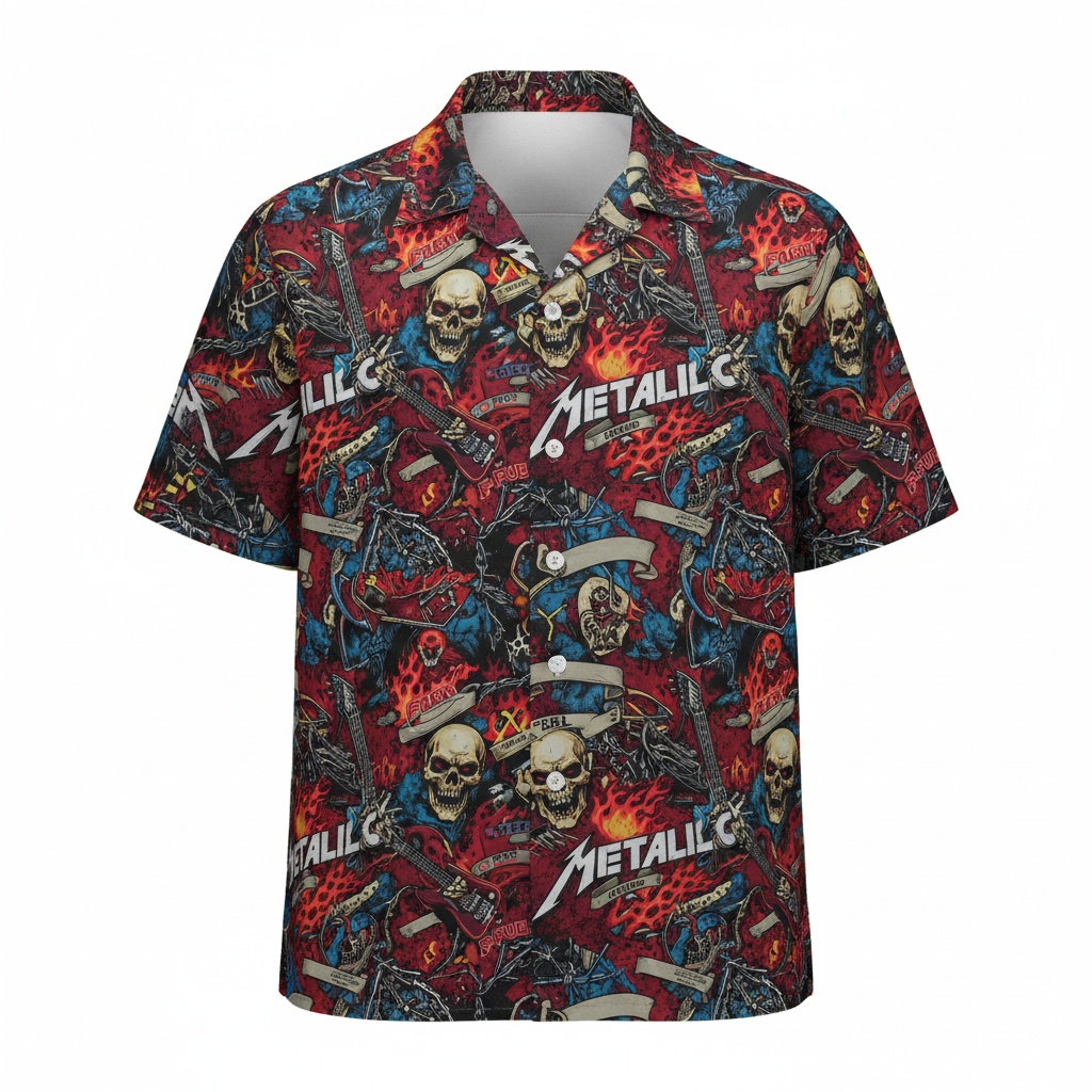 Metallica Skulls And Flames Hawaiian Shirt Red Rock Style Front - Fadebrick.com