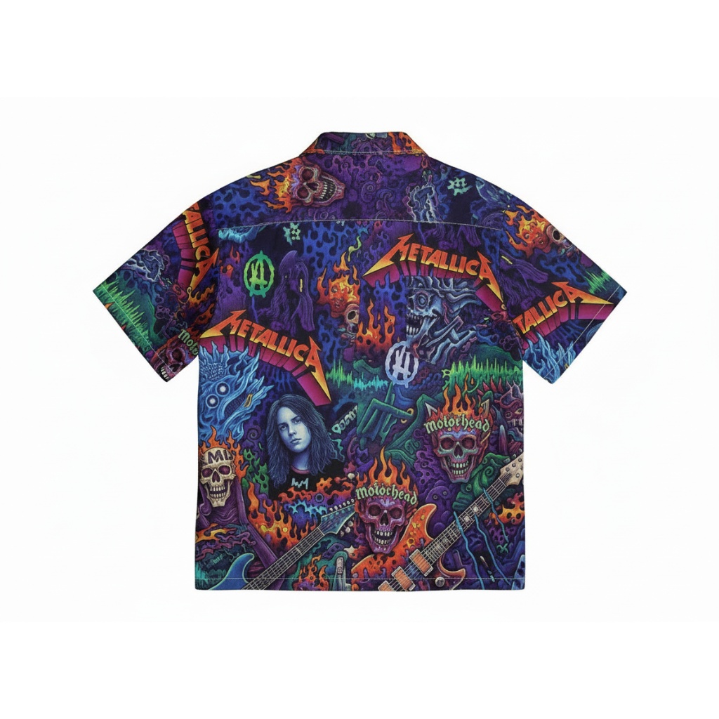 Metallica Skulls Flame Hawaiian Shirt Purple Vibrant Metal Back - Fadebrick.com