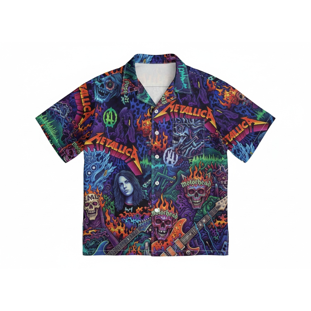 Metallica Skulls Flame Hawaiian Shirt Purple Vibrant Metal Front - Fadebrick.com