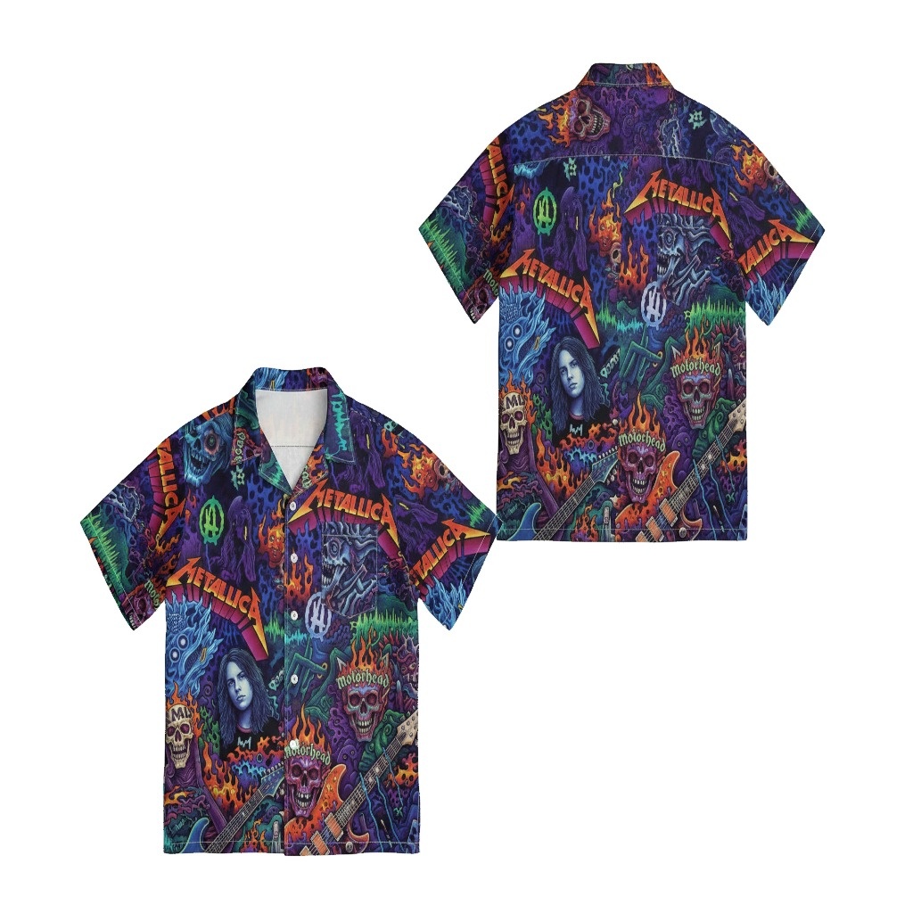 Metallica Skulls Flame Hawaiian Shirt Purple Vibrant Metal - Fadebrick.com