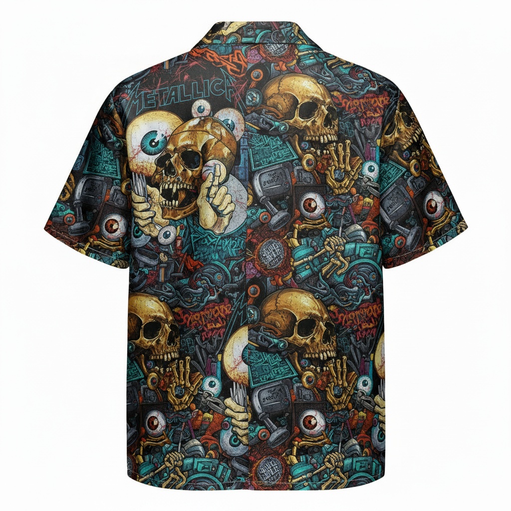 Metallica Skulls Graphic Print Button Up Shirt Back - Fadebrick.com