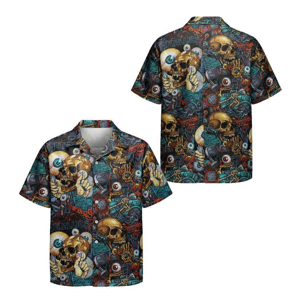 Metallica Skulls Graphic Print Button Up Shirt Front Back - Fadebrick.com