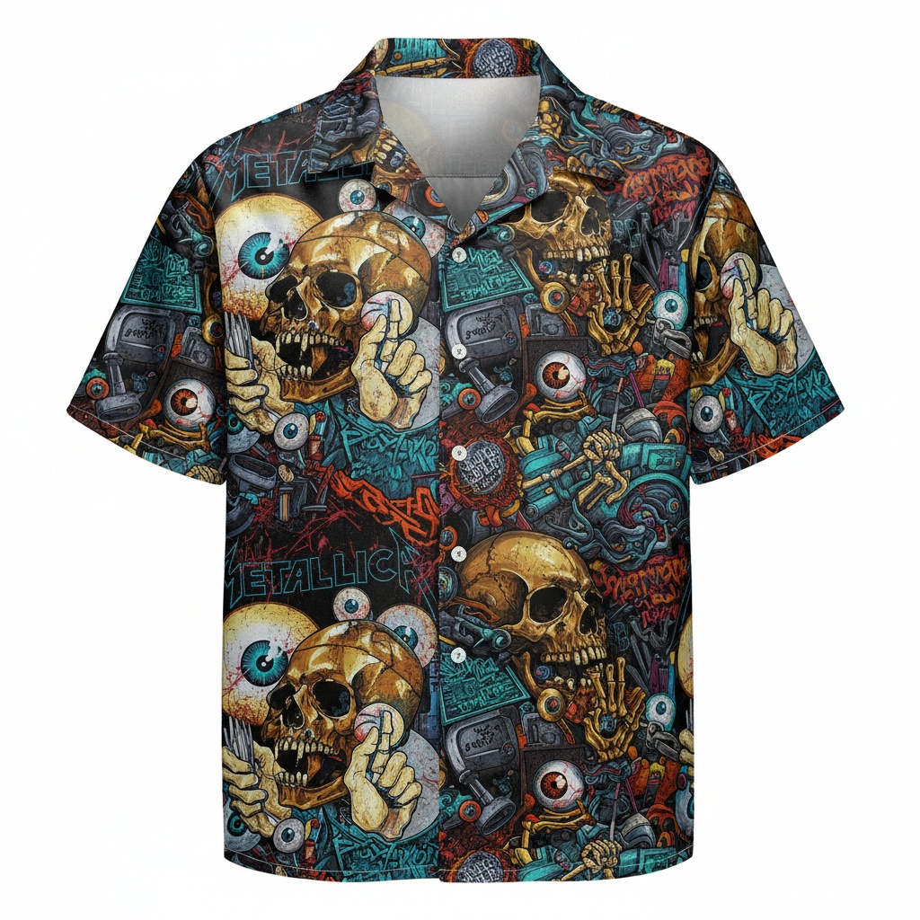 Metallica Skulls Graphic Print Button Up Shirt Front - Fadebrick.com