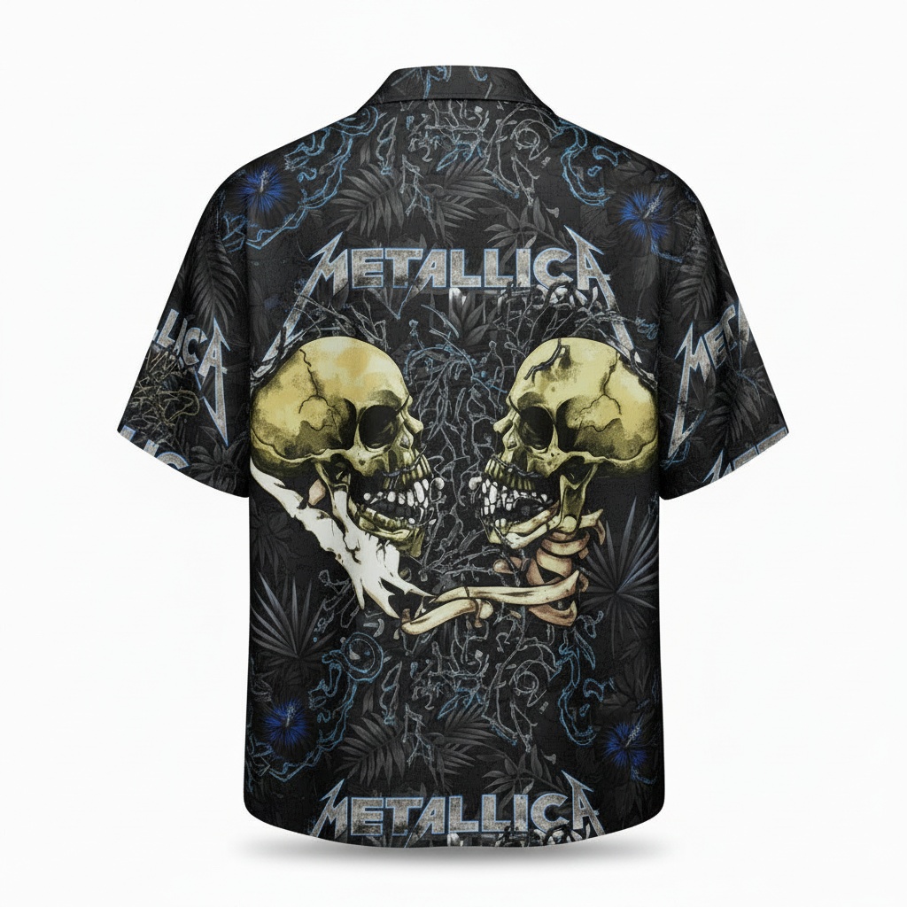 Metallica Skulls Hawaiian Shirt Black Graphic Print Back - Fadebrick.com
