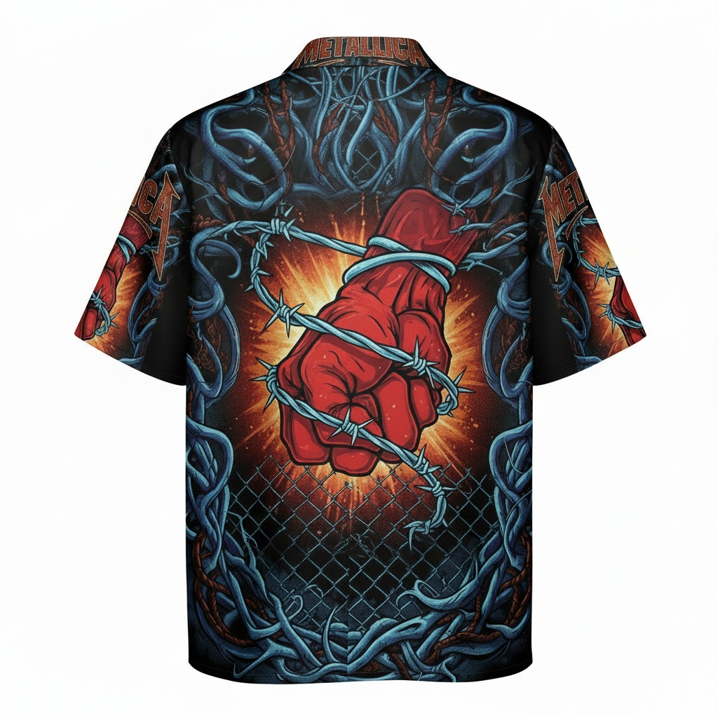 Metallica St Anger Fist Hawaiian Shirt Black Red Design Back - Fadebrick.com
