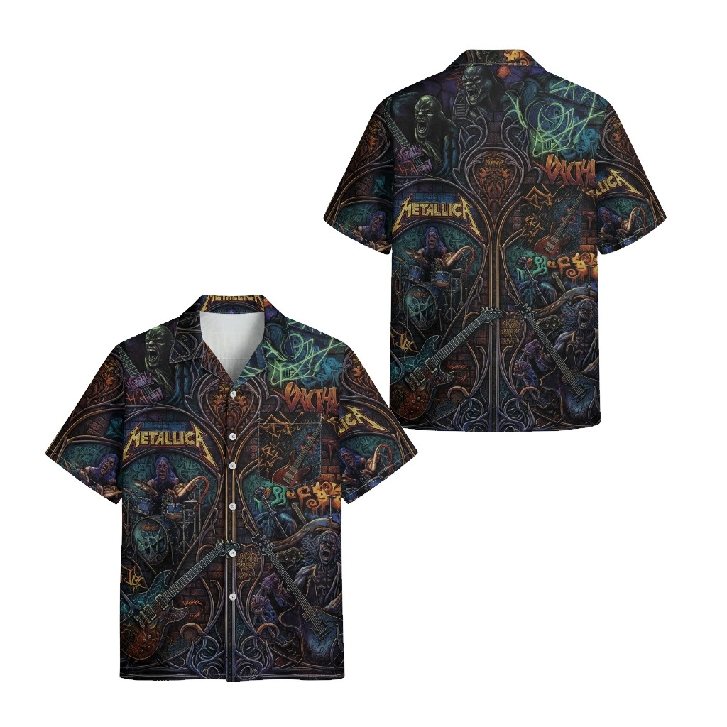 Metallica Stained Glass Hawaiian Shirt Front Back - Fadebrick.com