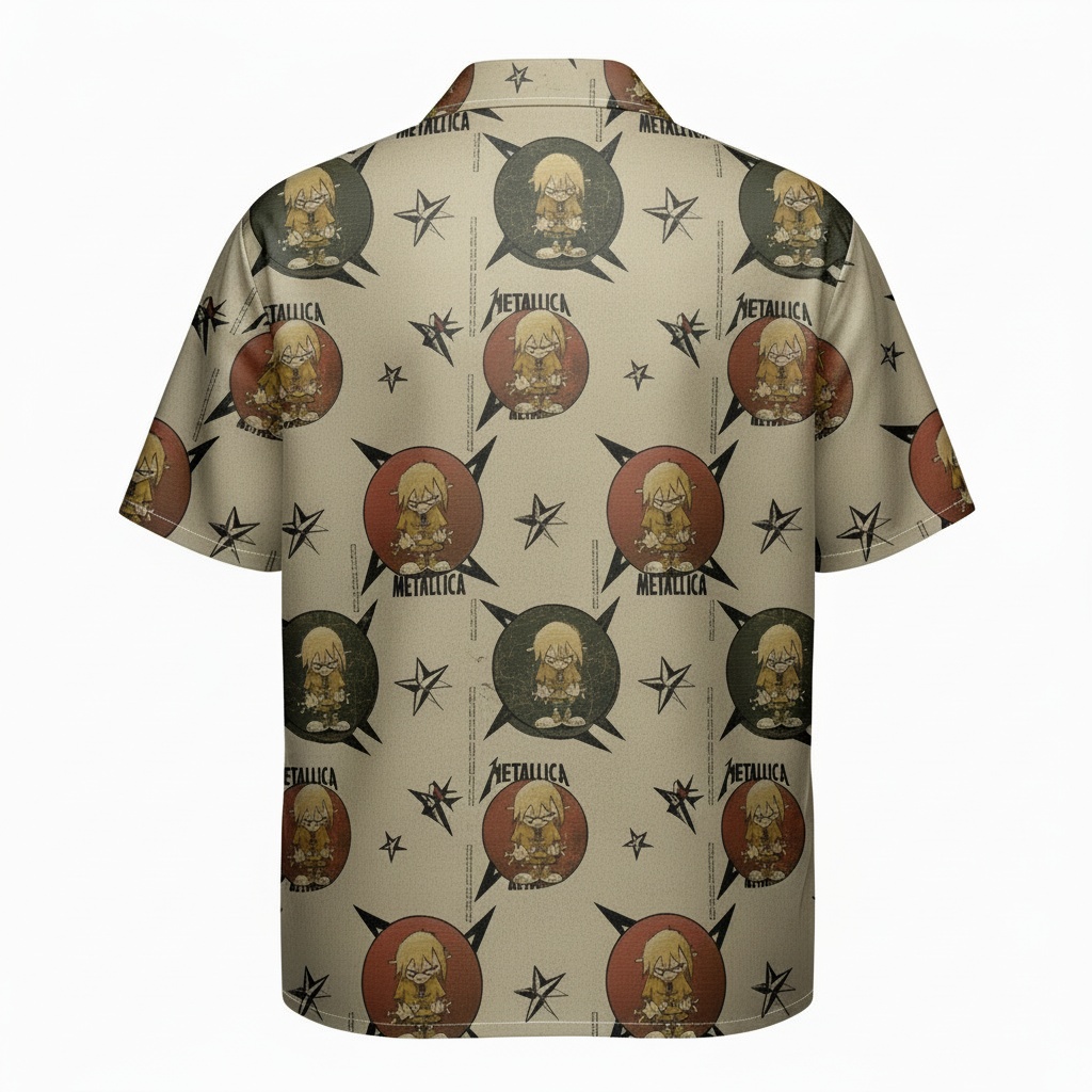 Metallica Themed Beige Hawaiian Shirt Rock Band Design Back - Fadebrick.com