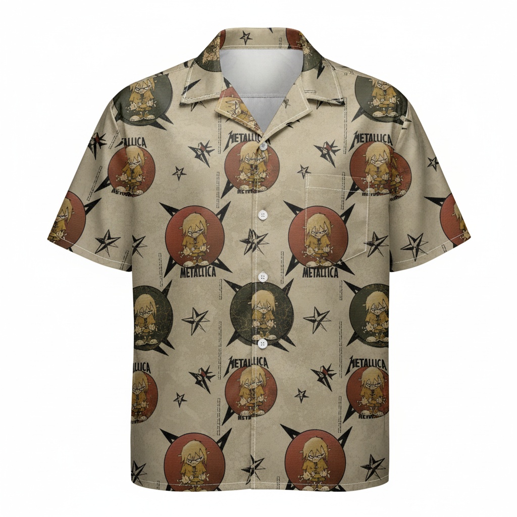 Metallica Themed Beige Hawaiian Shirt Rock Band Design Front - Fadebrick.com