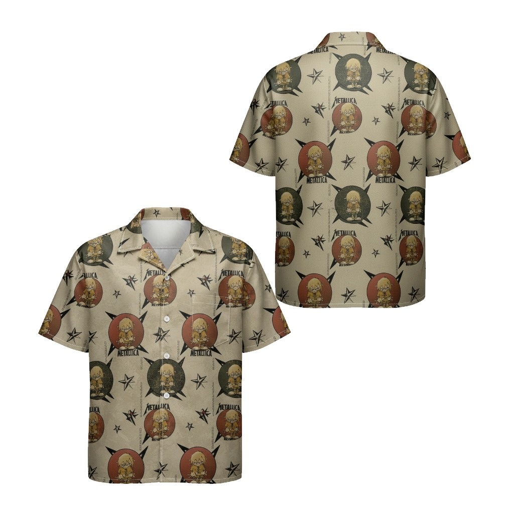 Metallica Themed Beige Hawaiian Shirt Rock Band Design - Fadebrick.com