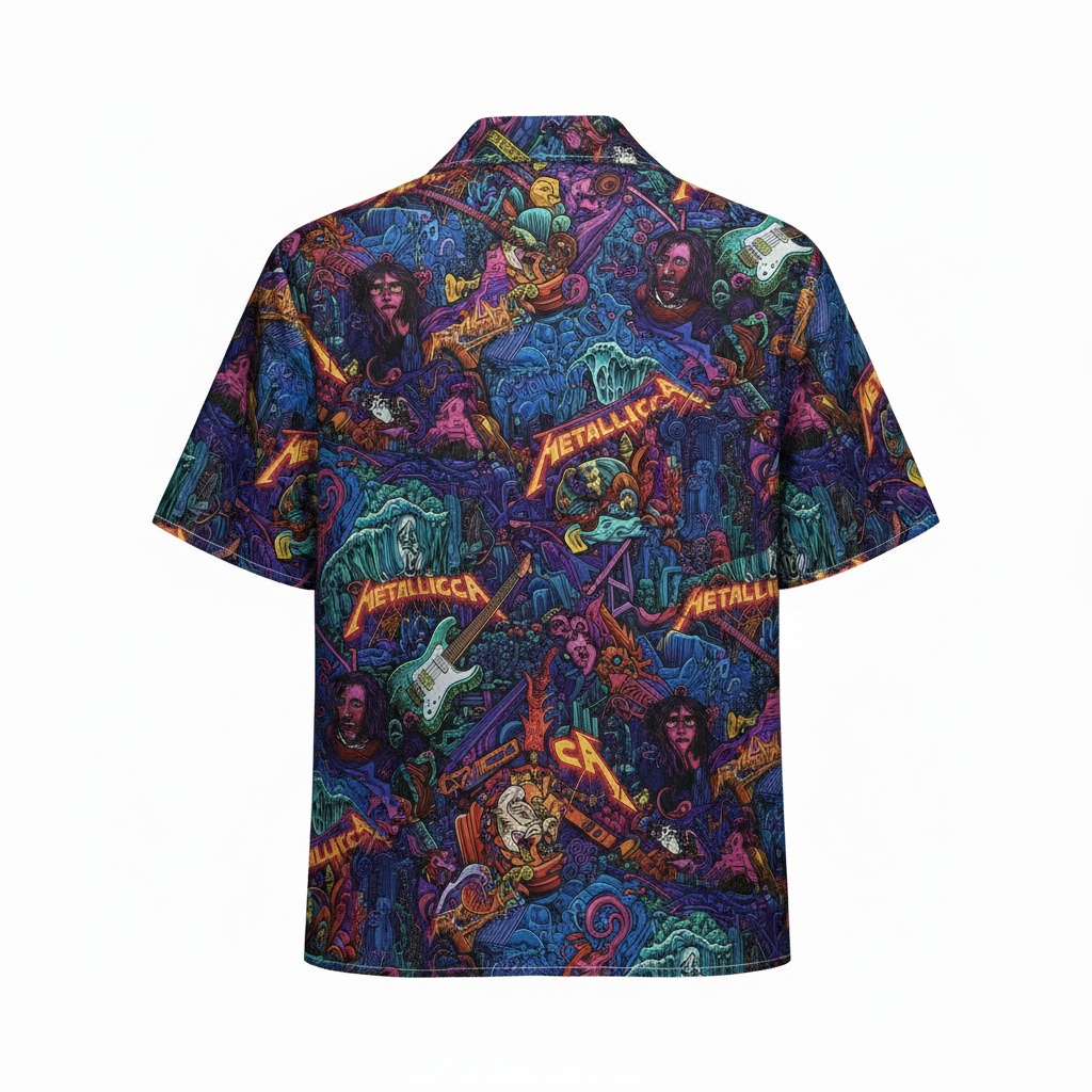 Metallica Themed Hawaiian Shirt Blue And Purple Rock Band Back - Fadebrick.com