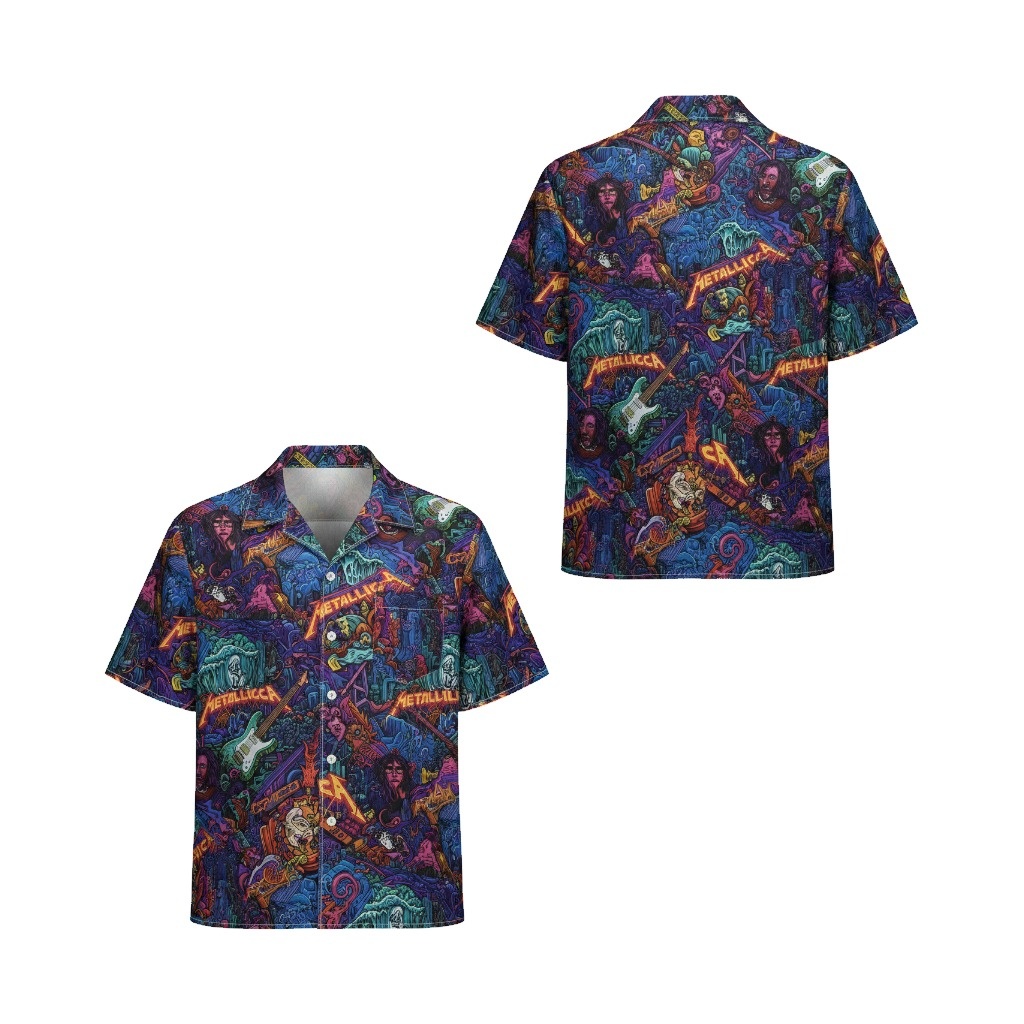 Metallica Themed Hawaiian Shirt Blue And Purple Rock Band Front Back - Fadebrick.com