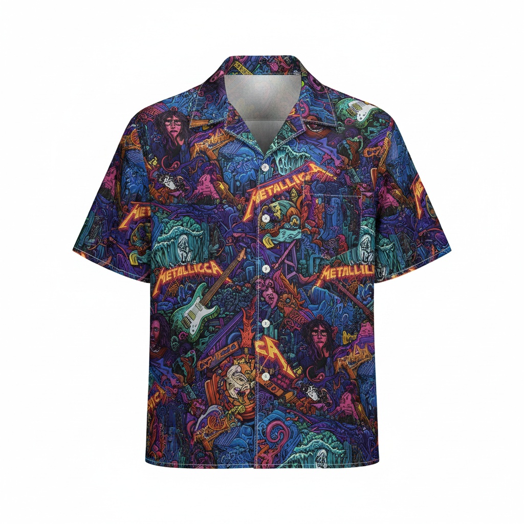 Metallica Themed Hawaiian Shirt Blue And Purple Rock Band Front - Fadebrick.com