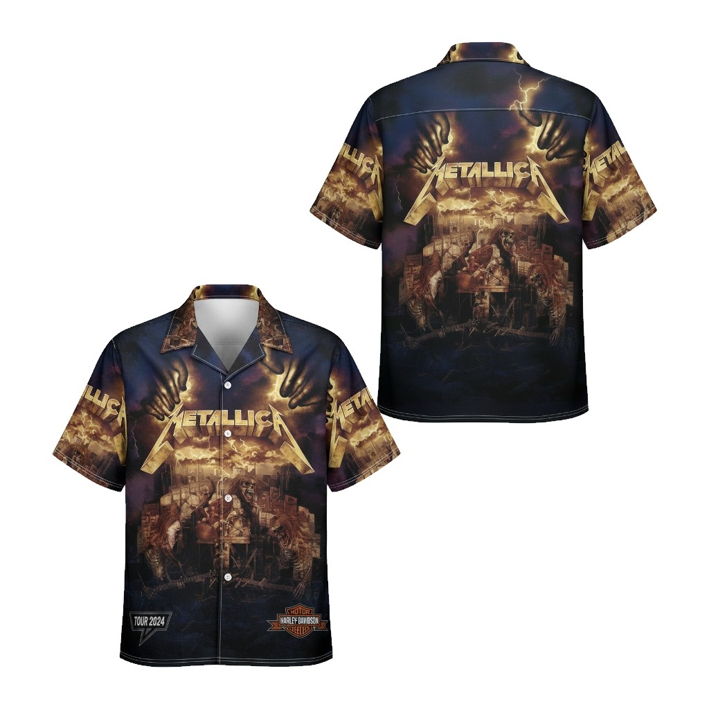 Metallica Tour 2024 Harley Davidson Graphic Button Up Shirt Front Back - Fadebrick.com