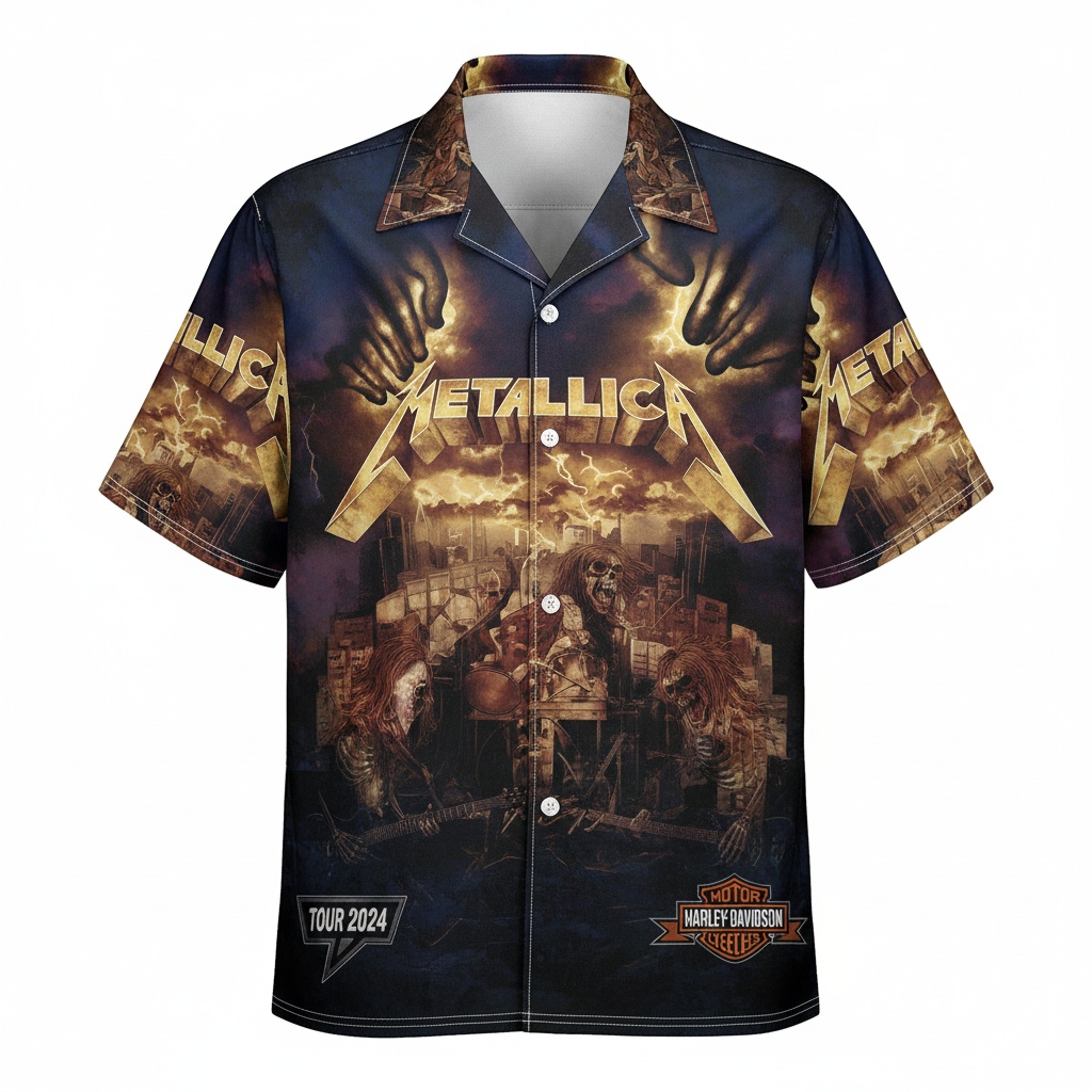 Metallica Tour 2024 Harley Davidson Graphic Button Up Shirt Front - Fadebrick.com