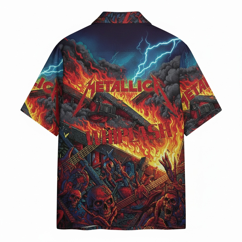 Metallica Whiplash Fire Lightning Hawaiian Shirt Back - Fadebrick.com