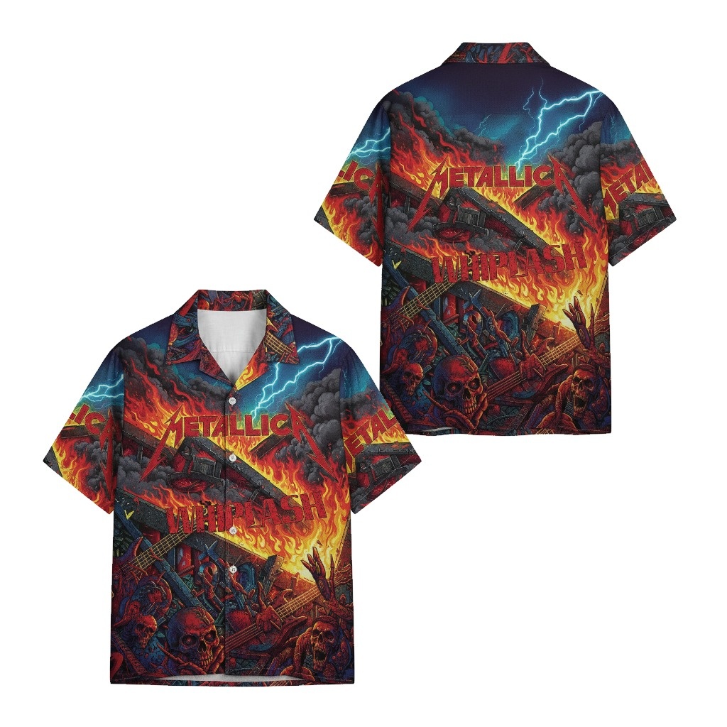 Metallica Whiplash Fire Lightning Hawaiian Shirt Front Back - Fadebrick.com