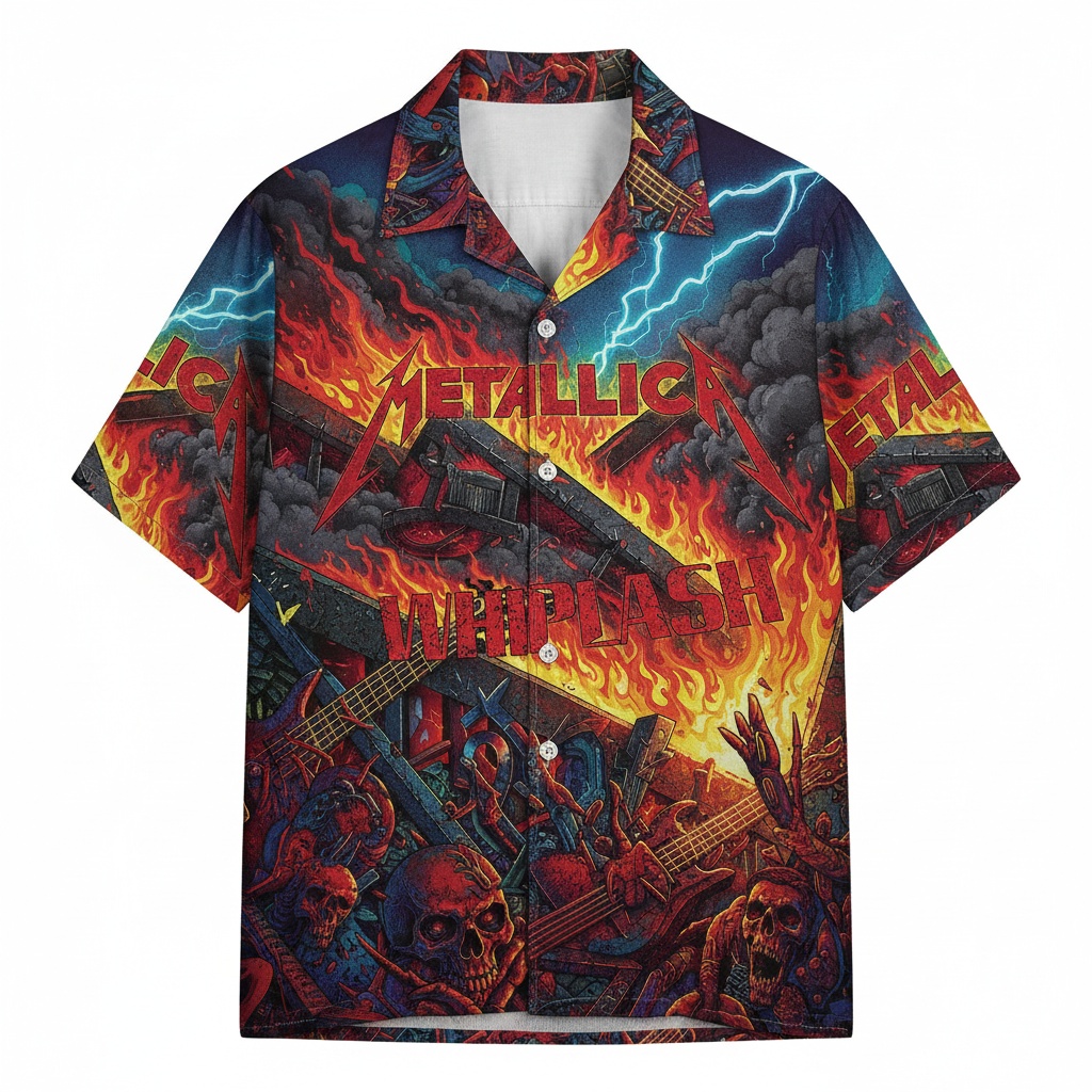 Metallica Whiplash Fire Lightning Hawaiian Shirt Front - Fadebrick.com
