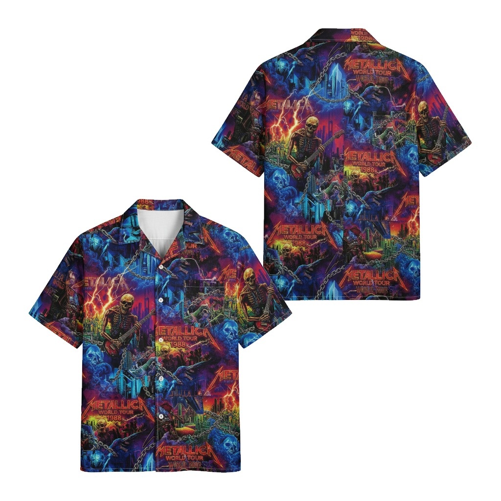 Metallica World Tour 1988 Hawaiian Shirt Blue Purple Front Back - Fadebrick.com