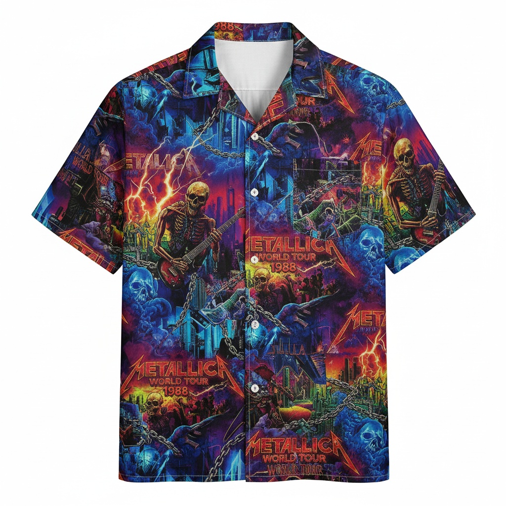 Metallica World Tour 1988 Hawaiian Shirt Blue Purple Front - Fadebrick.com