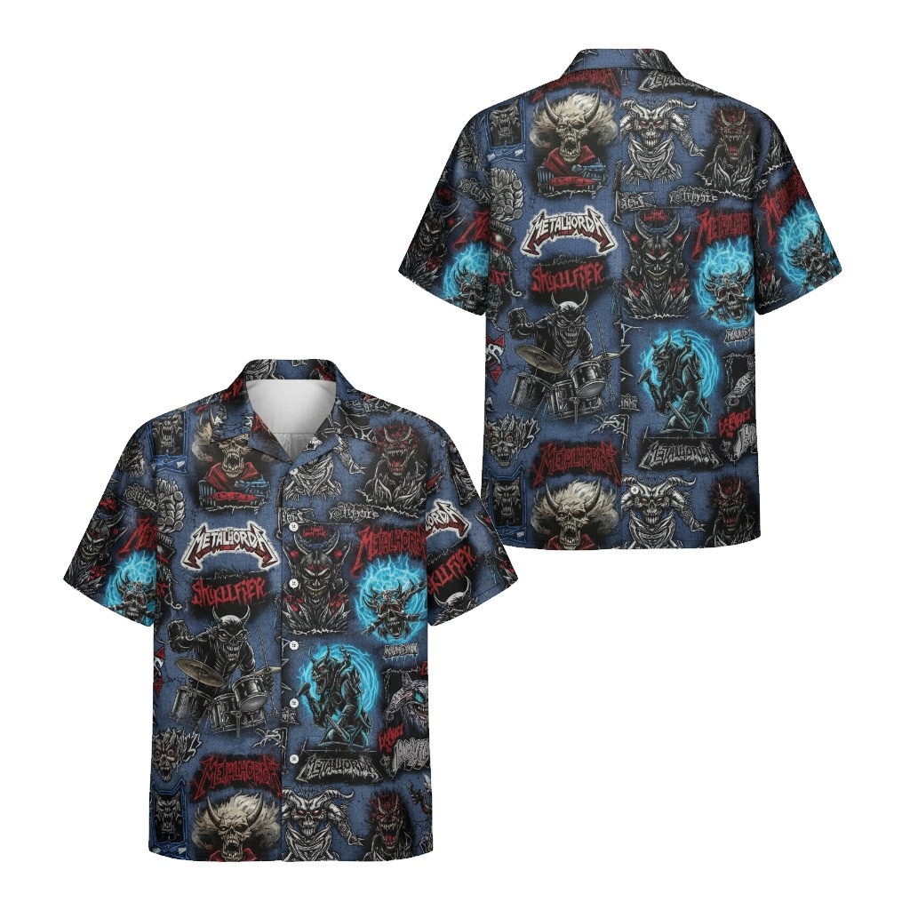 Metalord Skullcrusher Hawaiian Shirt Blue Denim Style Front Back - Fadebrick.com