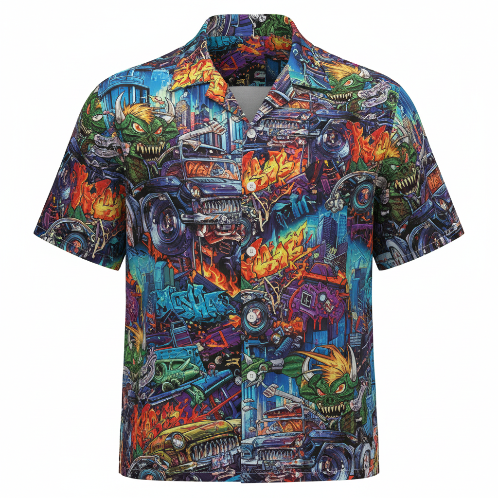 Monster Truck Graffiti Print Short Sleeve Button Up Shirt (2) - Fadebrick.com