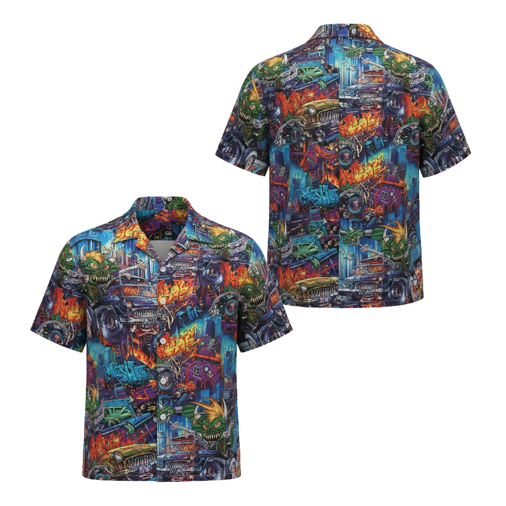 Monster Truck Graffiti Print Short Sleeve Button Up Shirt - Fadebrick.com