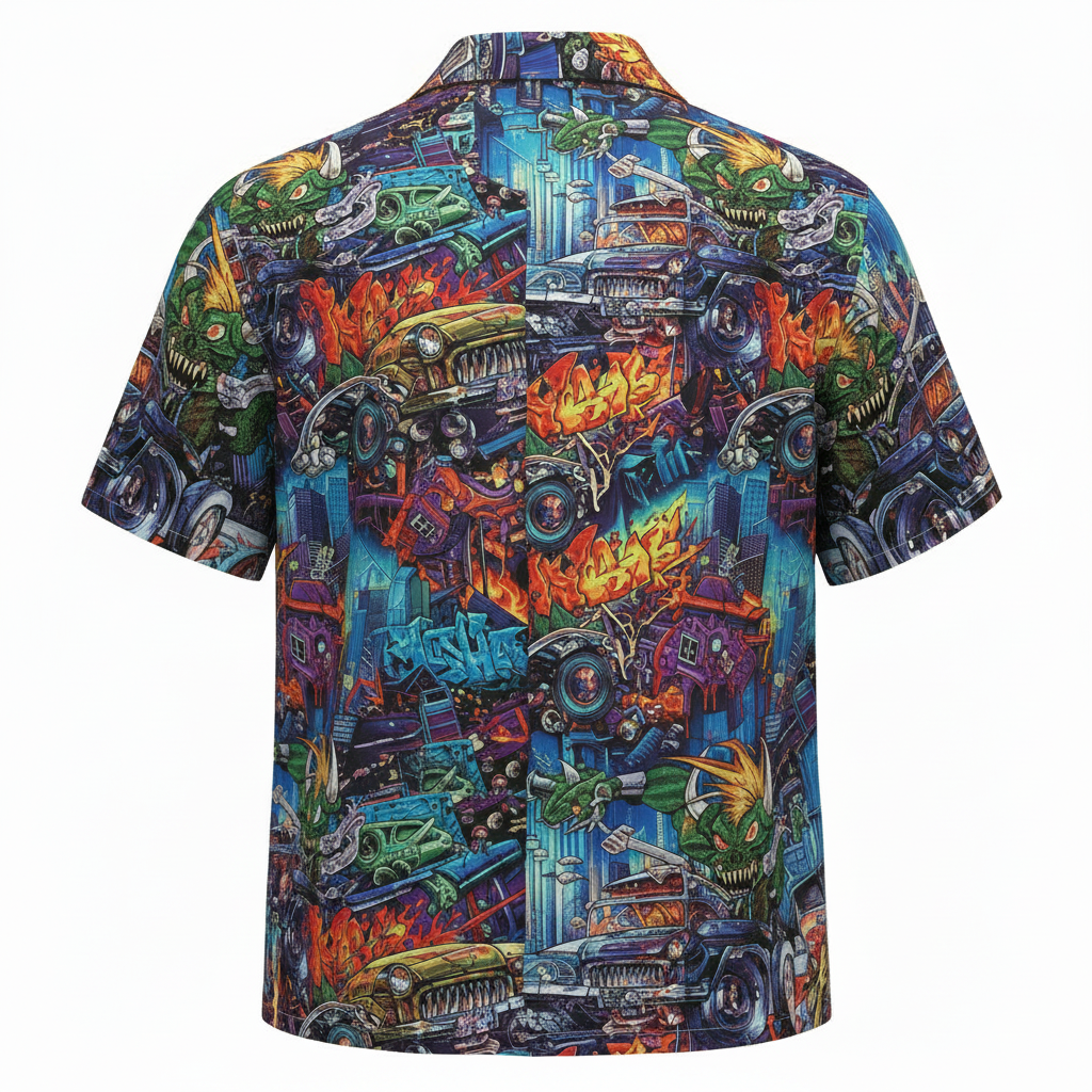Monster Truck Graffiti Print Short Sleeve Button Up Shirt - Fadebrick.com