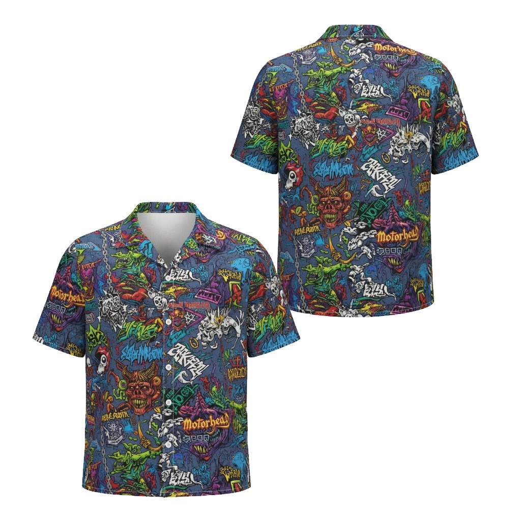 Motorhead Graphic Print Hawaiian Shirt Blue Heavy Metal Front Back - Fadebrick.com