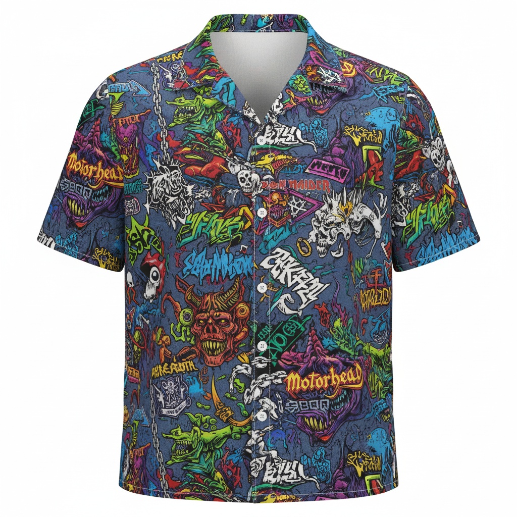 Motorhead Graphic Print Hawaiian Shirt Blue Heavy Metal Front - Fadebrick.com
